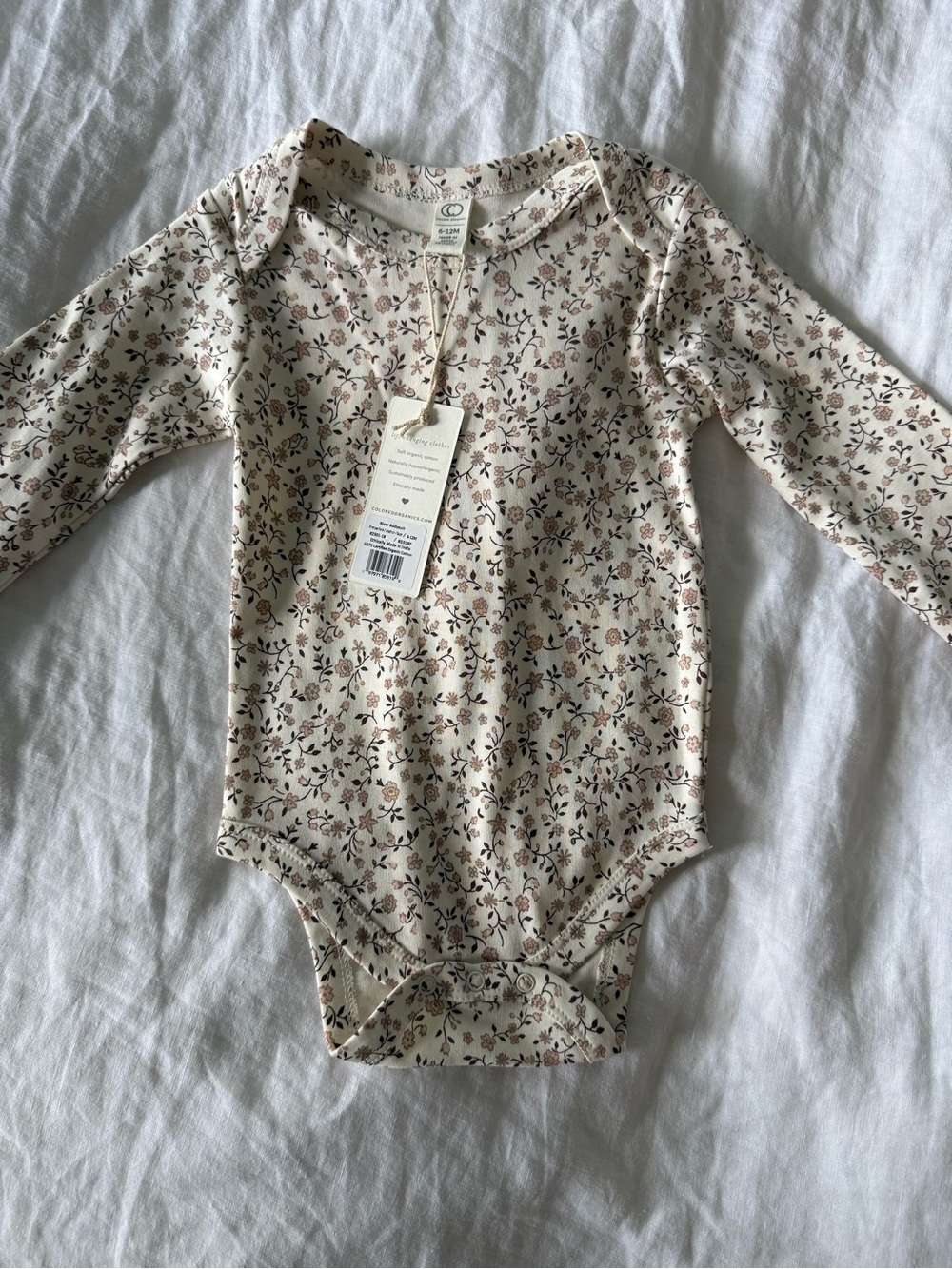Colored Organics Cream Floral Long-Sleeve Baby One-Piece